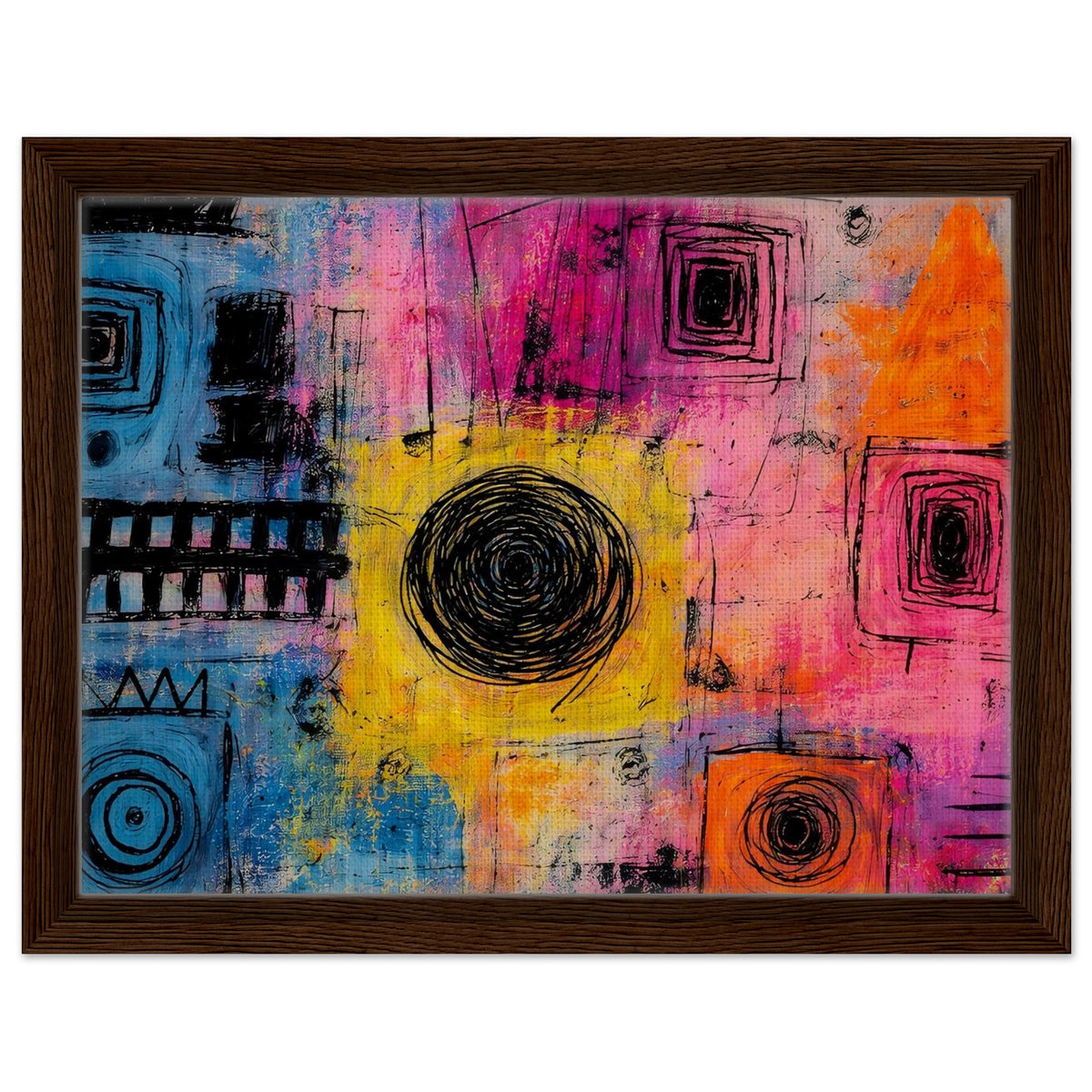 Vibrant Chaos colorful abstract canvas wall art in a dark wood frame