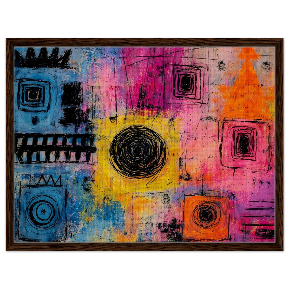 Vibrant Chaos colorful abstract framed canvas wall art in a dark wood frame