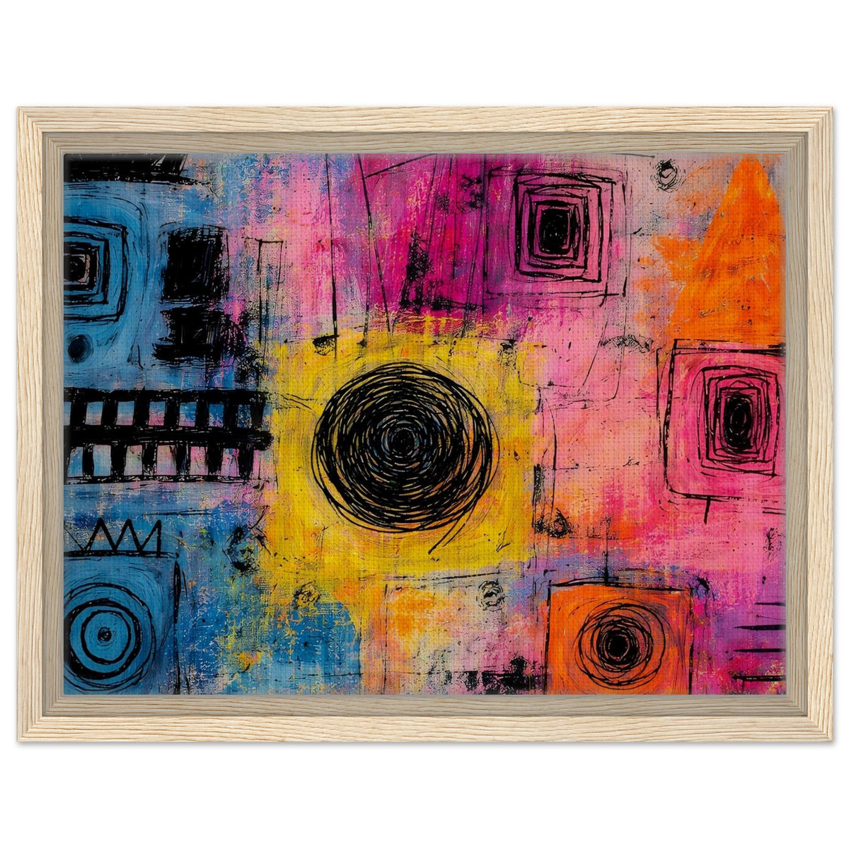 Vibrant Chaos colorful abstract canvas wall art in a natural wood frame
