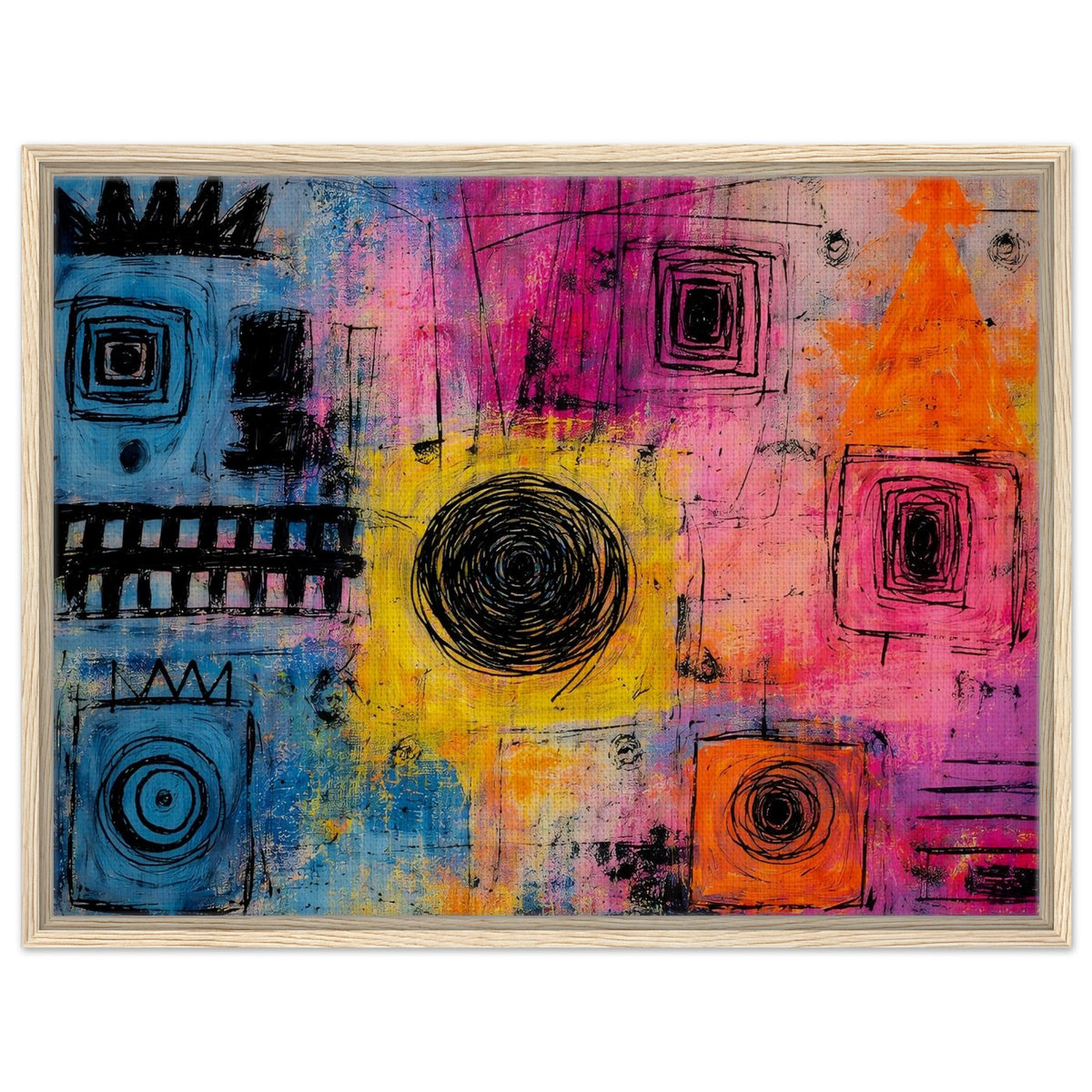 Vibrant Chaos colorful abstract framed canvas wall art in a natural wood frame