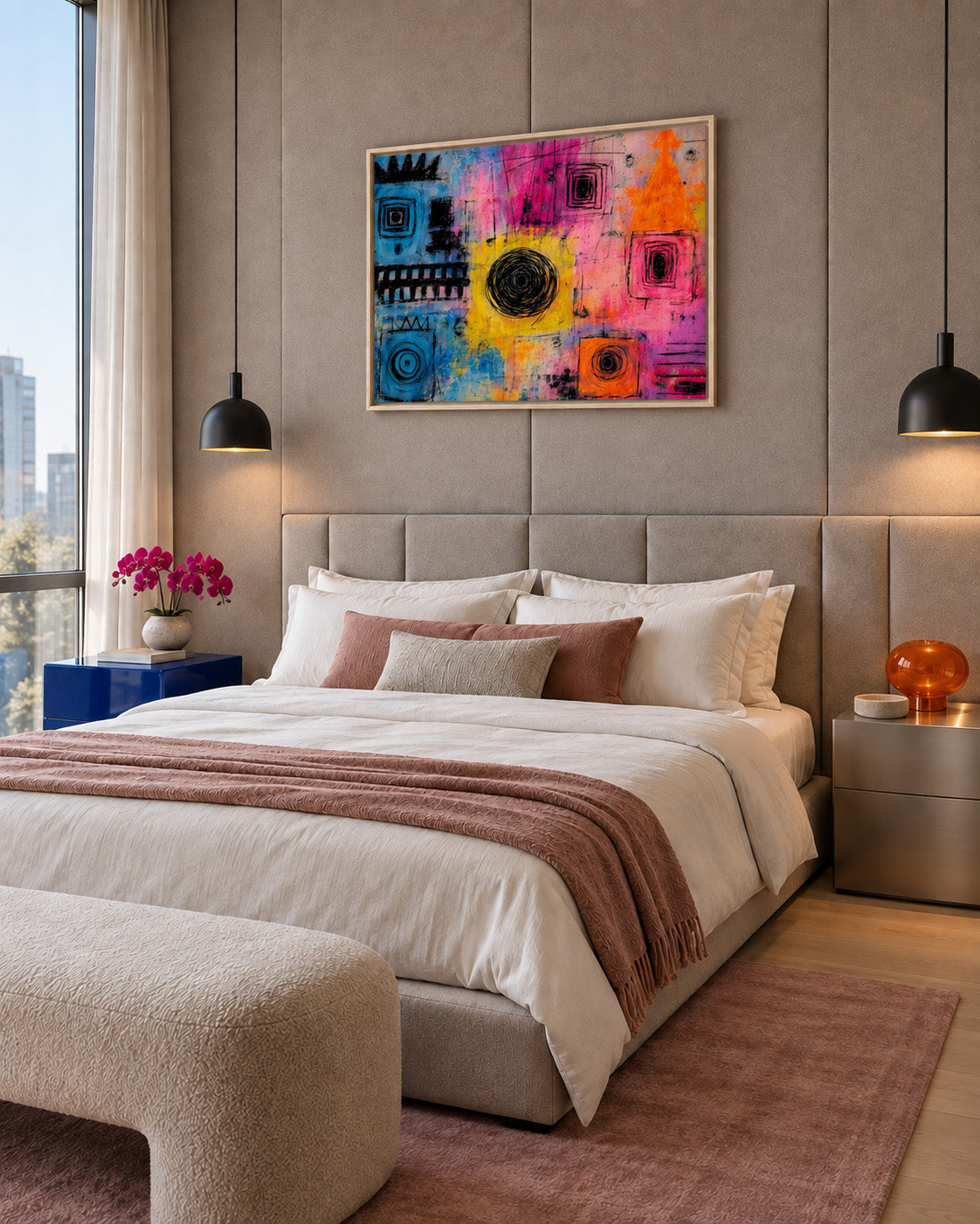 Vibrant Chaos colorful abstract framed canvas displayed above a bed in a modern bedroom