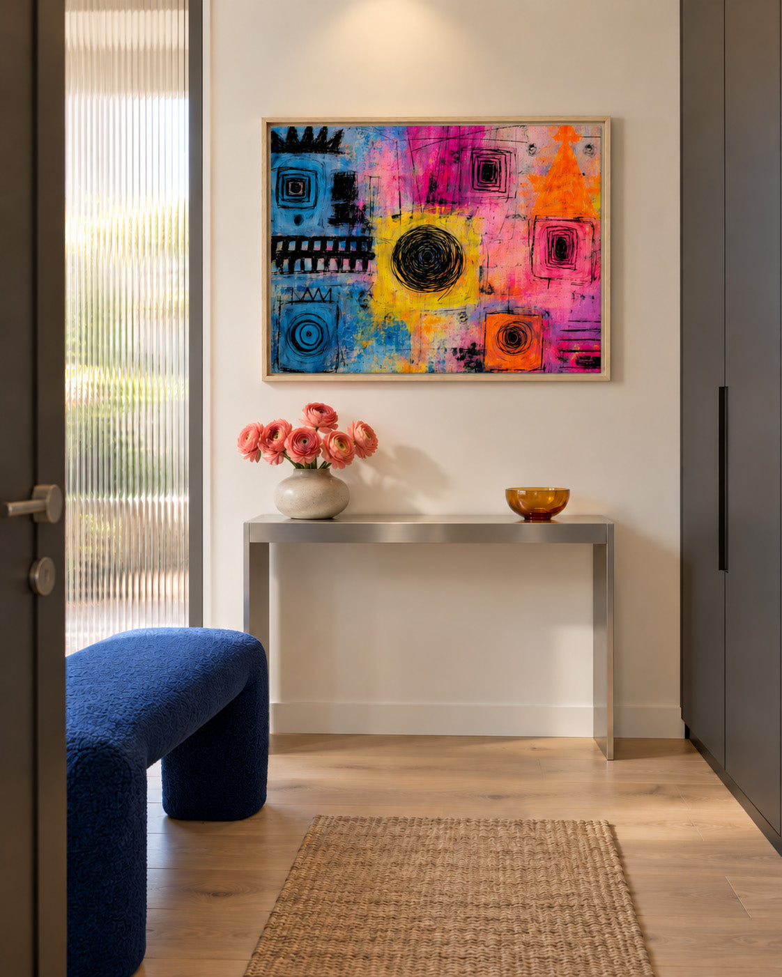 Vibrant Chaos colorful abstract framed canvas displayed above a console in a modern entryway