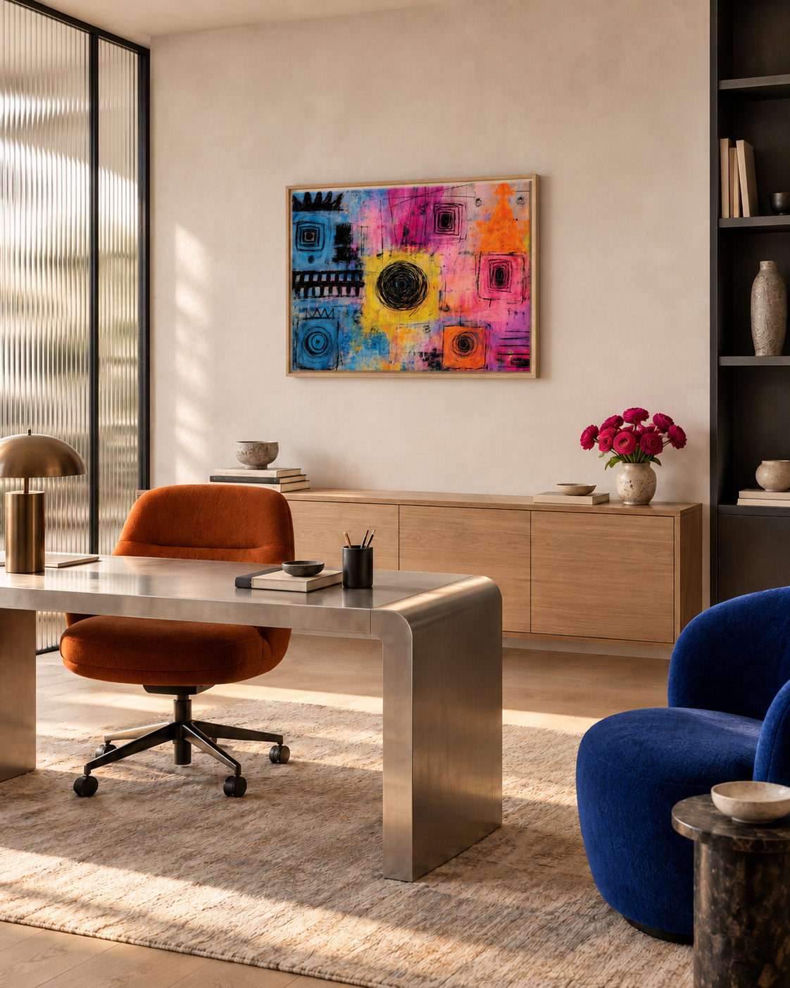 Vibrant Chaos colorful abstract framed canvas displayed above a desk in a modern home office