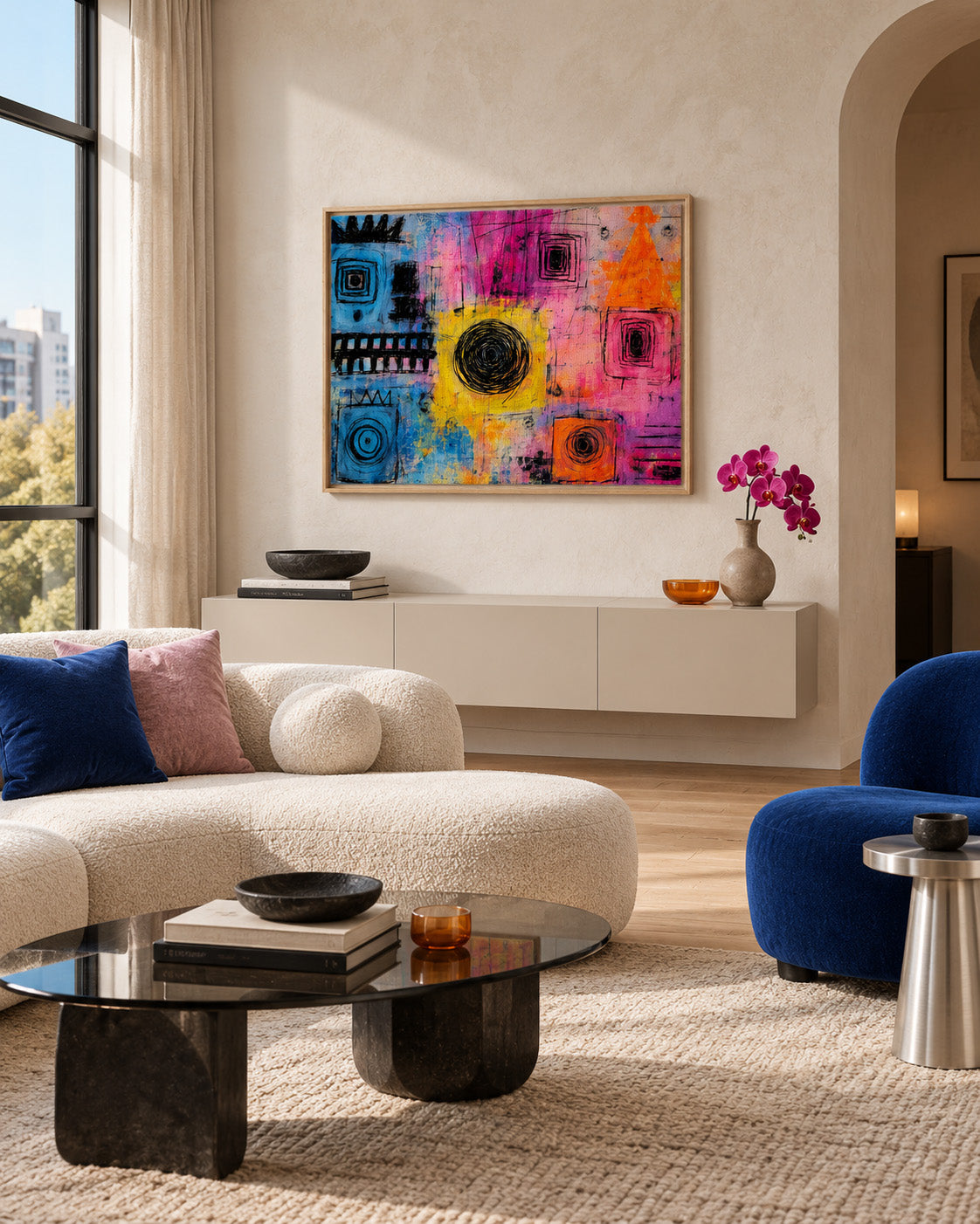 Vibrant Chaos colorful abstract framed canvas displayed above a sofa in a modern living room