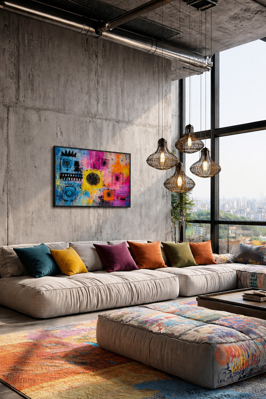 Abstract colorful canvas in a black frame styled in an industrial loft living room with concrete walls, colorful cushions, pendant lights, and a matching patterned ottoman.
