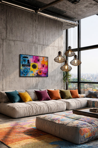 Abstract colorful canvas in a black frame styled in an industrial loft living room with concrete walls, colorful cushions, pendant lights, and a matching patterned ottoman.