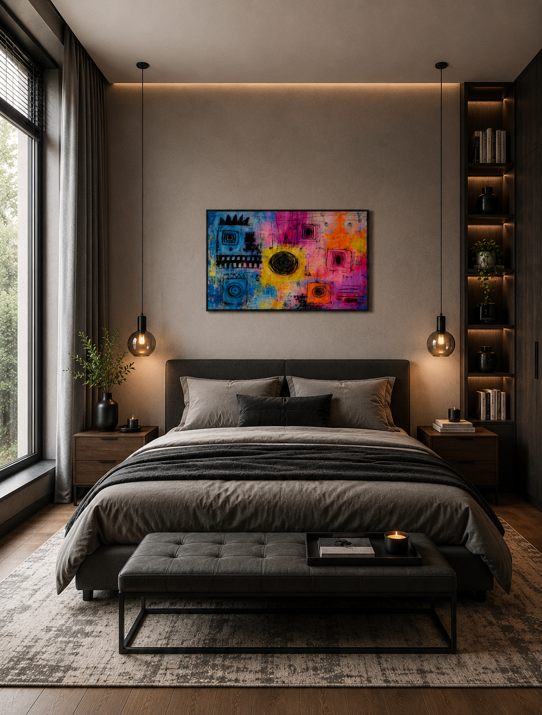 Bright abstract wall art with a black frame hanging above a contemporary bed in a minimalist bedroom with warm lighting and built-in shelving.