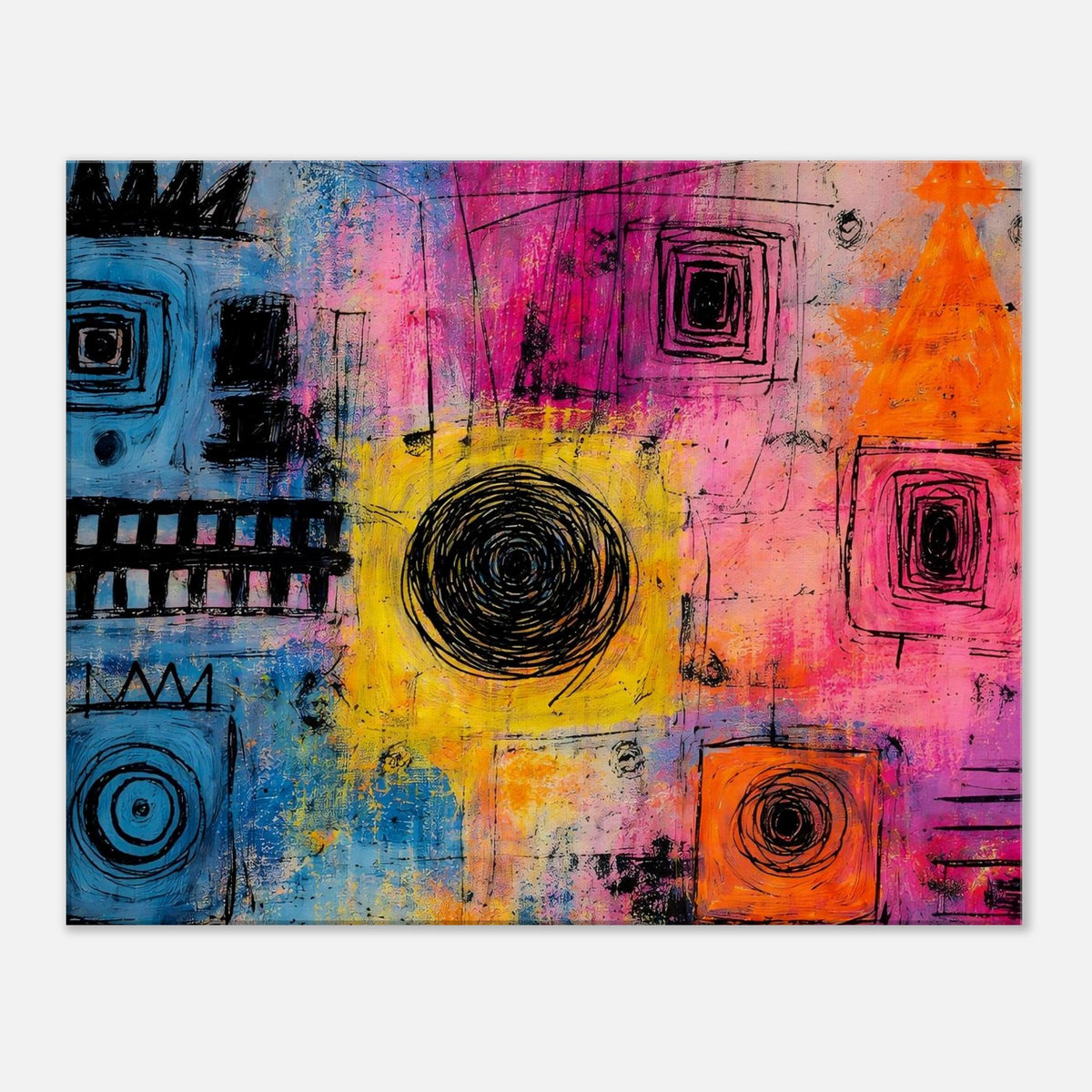 Vibrant Chaos modern abstract canvas wall art with a black spiral sun surrounded by blue, magenta, orange and yellow fields and scratched black squares.
