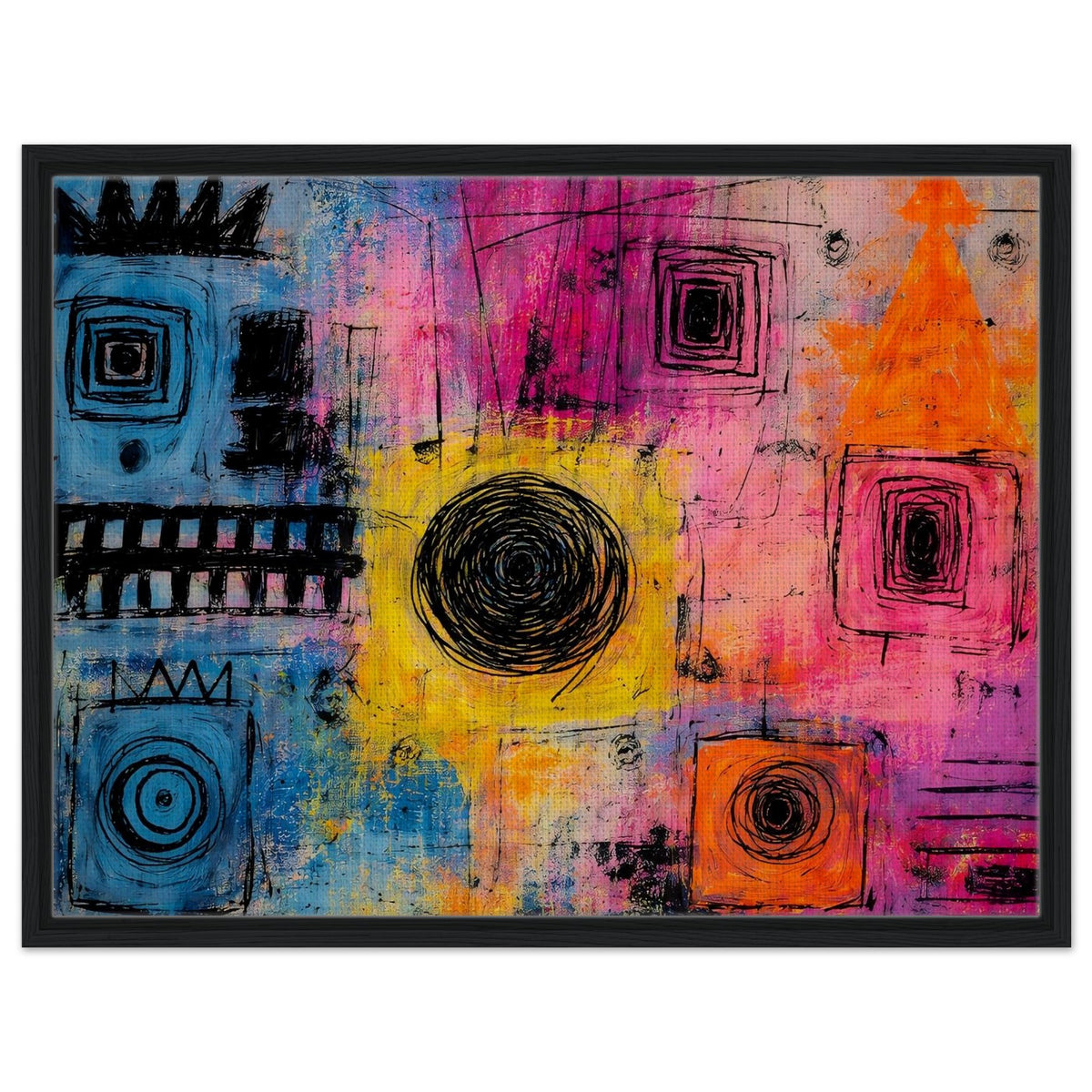 Vibrant Chaos modern colorful abstract framed canvas in a black frame