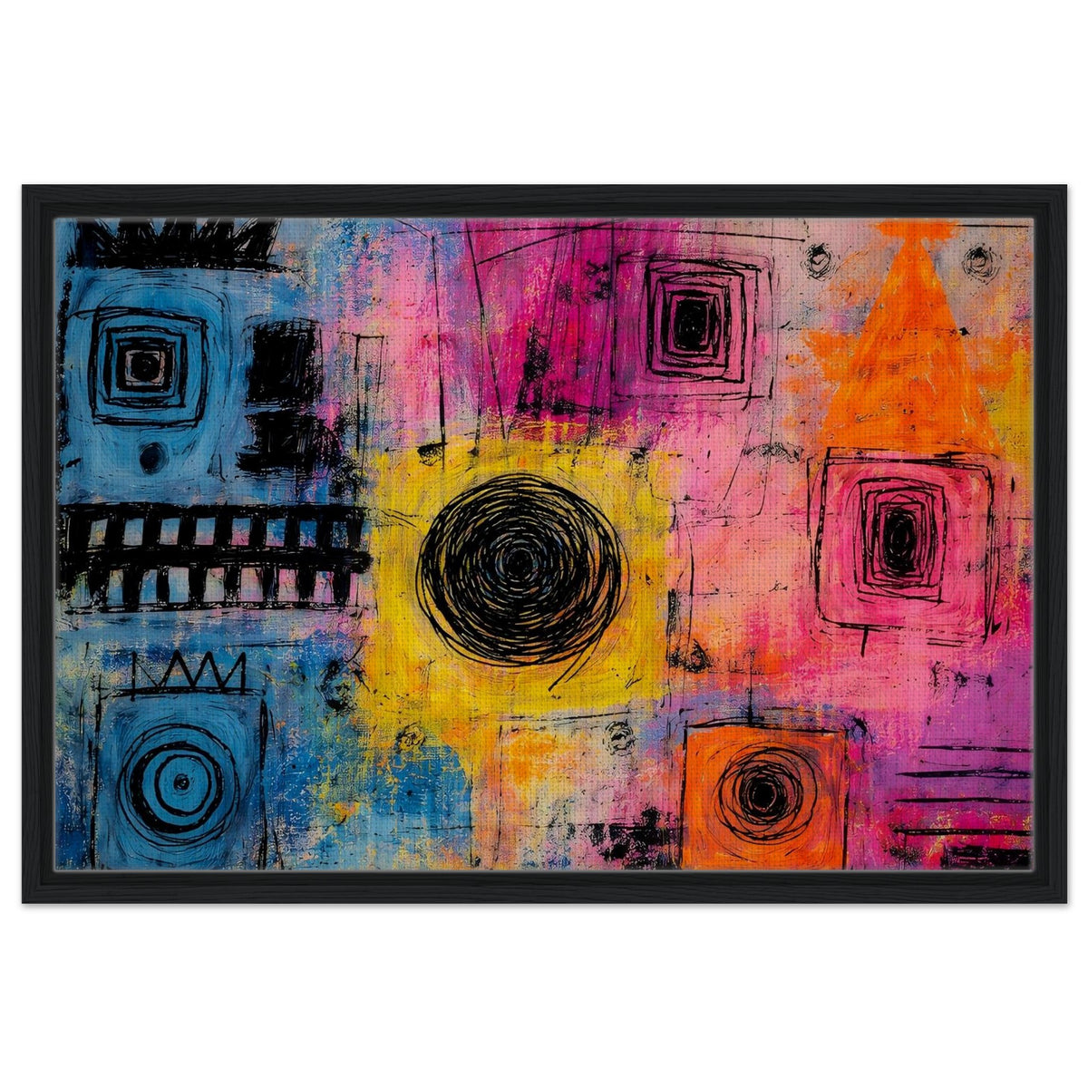 Vibrant Chaos modern colorful abstract framed canvas in a dark wood frame