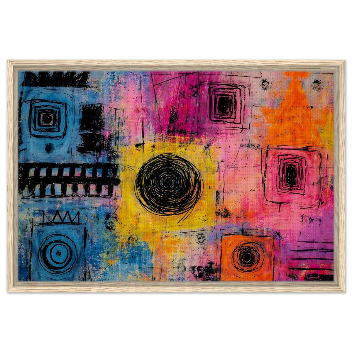 Vibrant Chaos modern colorful abstract framed canvas in a natural wood frame