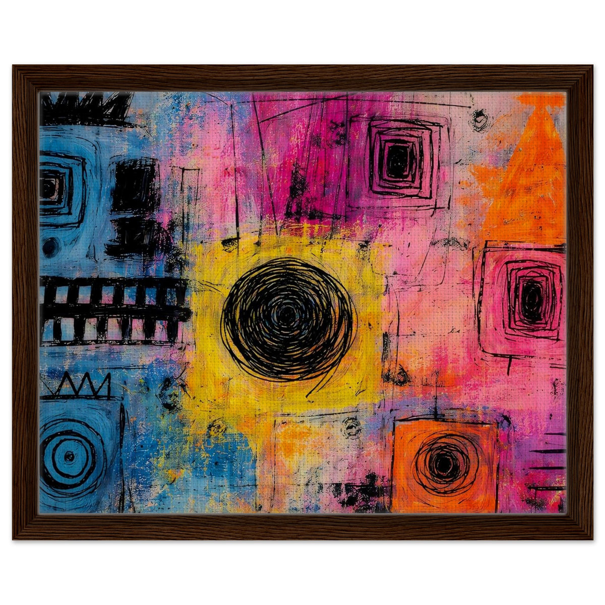 Vibrant Chaos pink, blue and yellow abstract framed canvas in a black frame