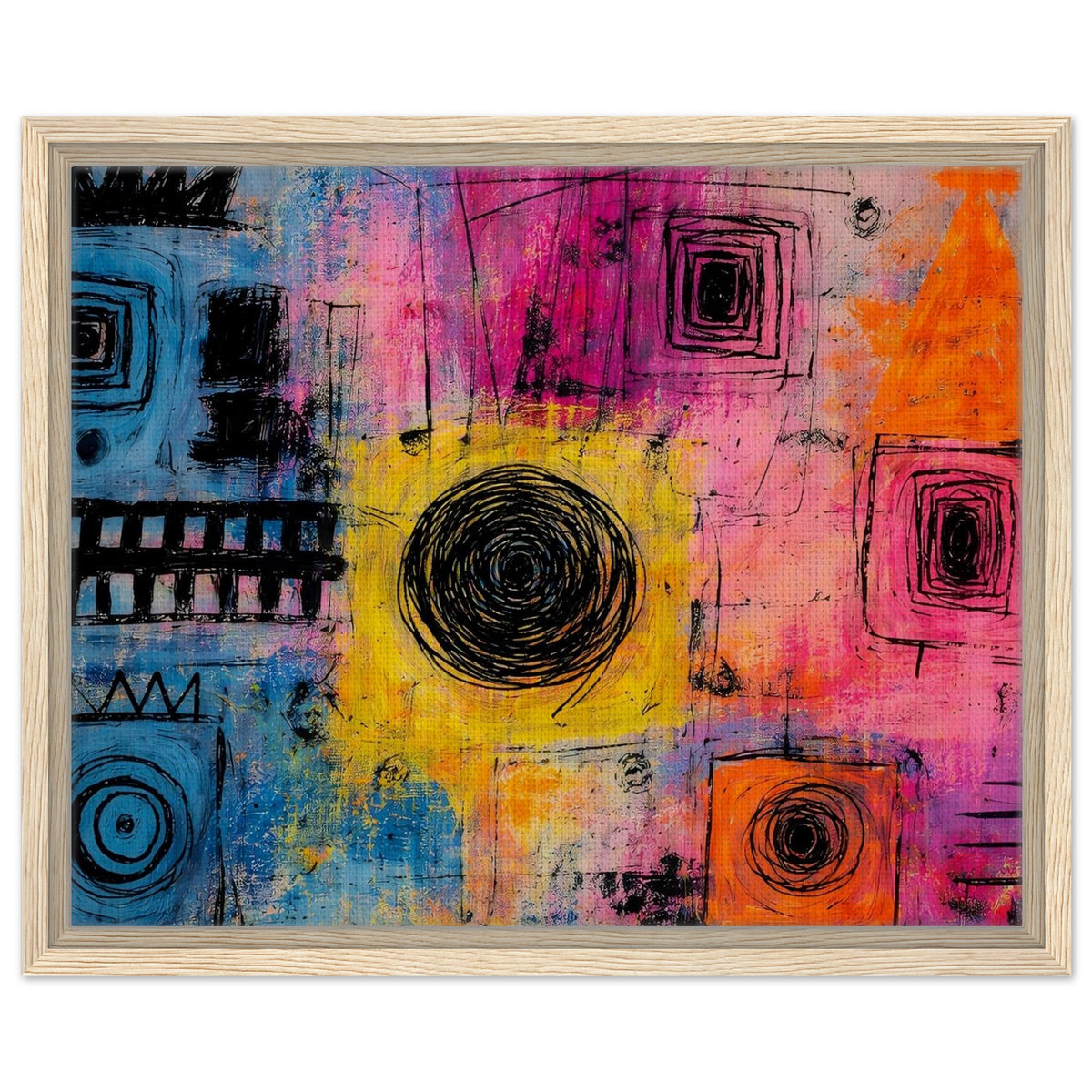 Vibrant Chaos pink, blue and yellow abstract framed canvas in a natural wood frame
