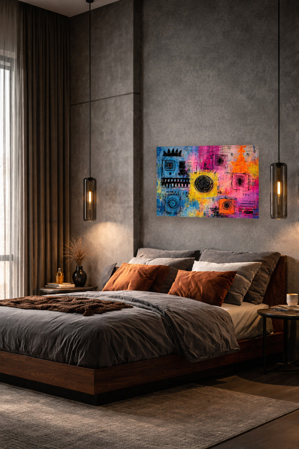 Vibrant abstract wall art displayed above a bed in a modern industrial bedroom with textured walls, warm bedside lighting, and earthy accent pillows.