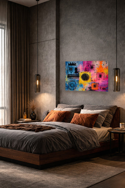 Vibrant abstract wall art displayed above a bed in a modern industrial bedroom with textured walls, warm bedside lighting, and earthy accent pillows.