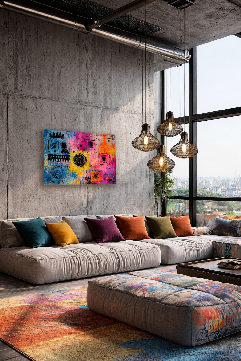 Bright abstract artwork hanging above a low sofa in a modern loft living room with concrete walls, colorful cushions, brass pendant lights, and large windows.