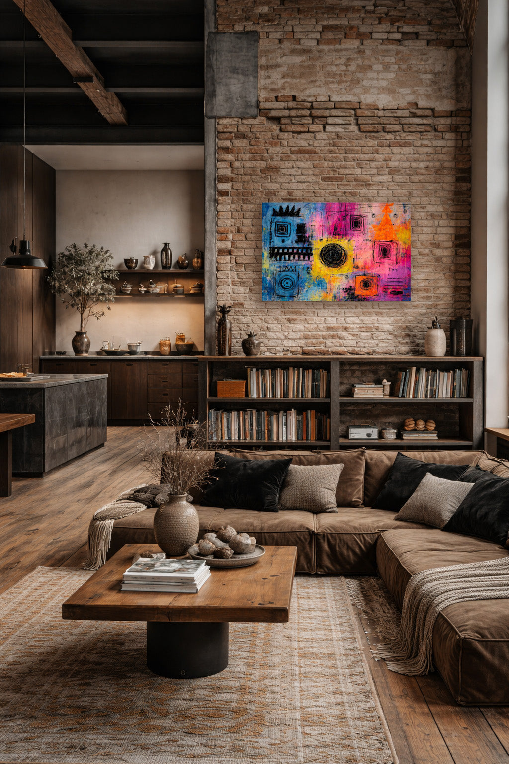 Vibrant abstract wall art displayed above a bookshelf in a rustic industrial living room featuring wood accents, a large sectional sofa, and warm ambient lighting.
