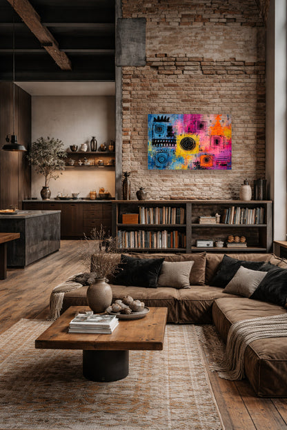 Vibrant abstract wall art displayed above a bookshelf in a rustic industrial living room featuring wood accents, a large sectional sofa, and warm ambient lighting.