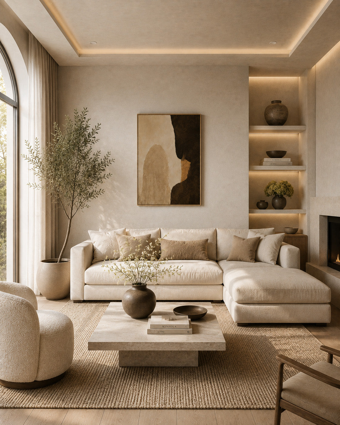 Warm abstract wall art styled above a sofa in a modern neutral living room