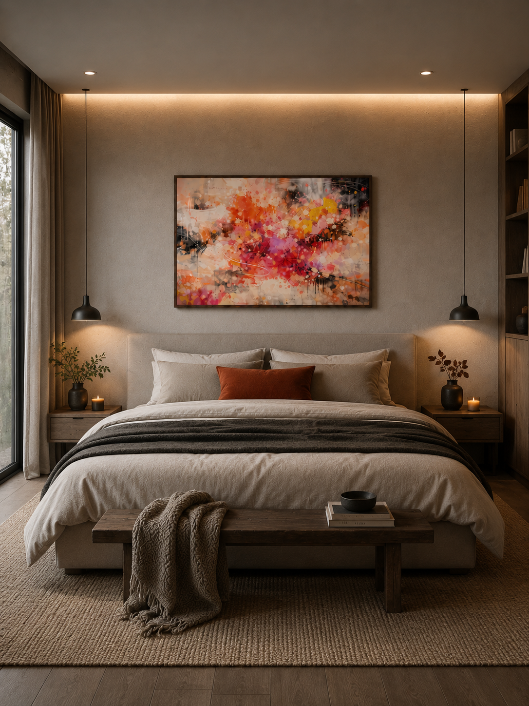 Warm abstract wall art poster with dark wood frame above bed in modern neutral bedroom interior