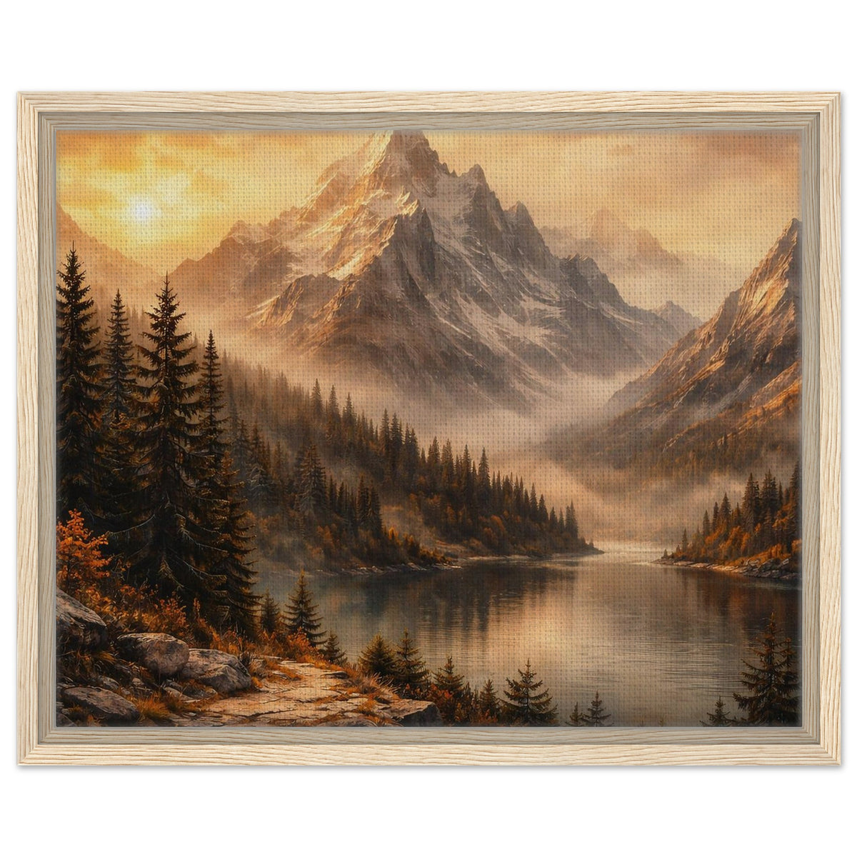 Warm alpine nature artwork with mountain peaks pine forest and lake in natural wood frame464a-8835-0cb5c863781f
