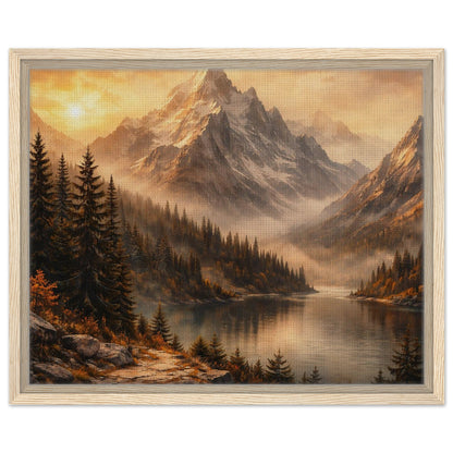 Warm alpine nature artwork with mountain peaks pine forest and lake in natural wood frame464a-8835-0cb5c863781f
