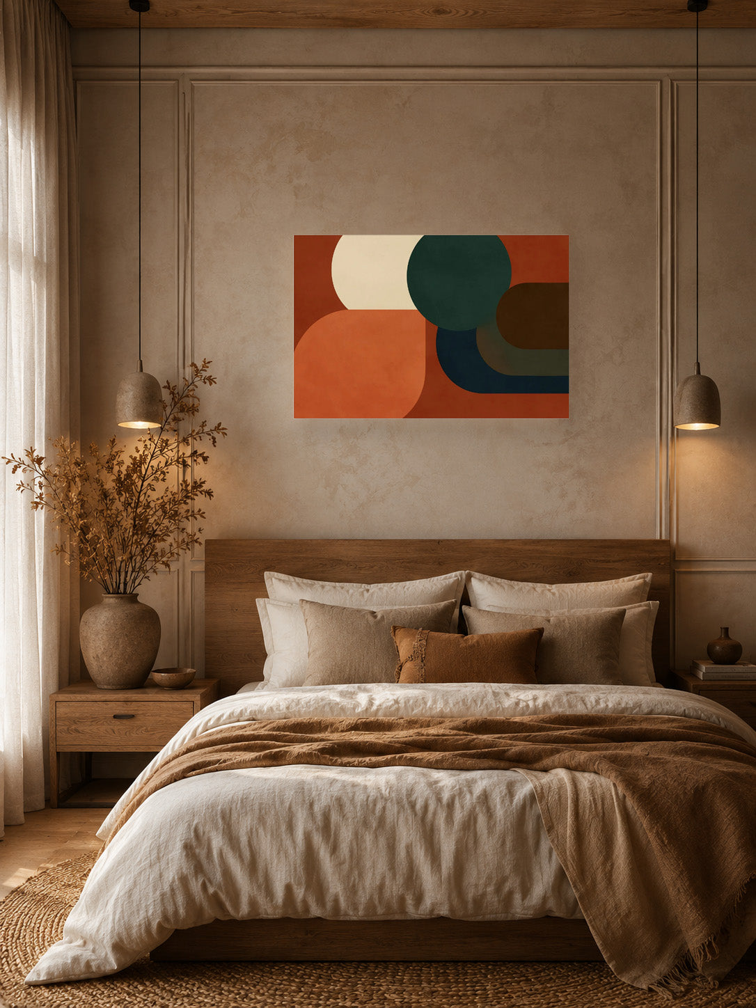 Geometric abstract wall art in warm terracotta and green tones displayed above a cozy neutral bedroom bed.