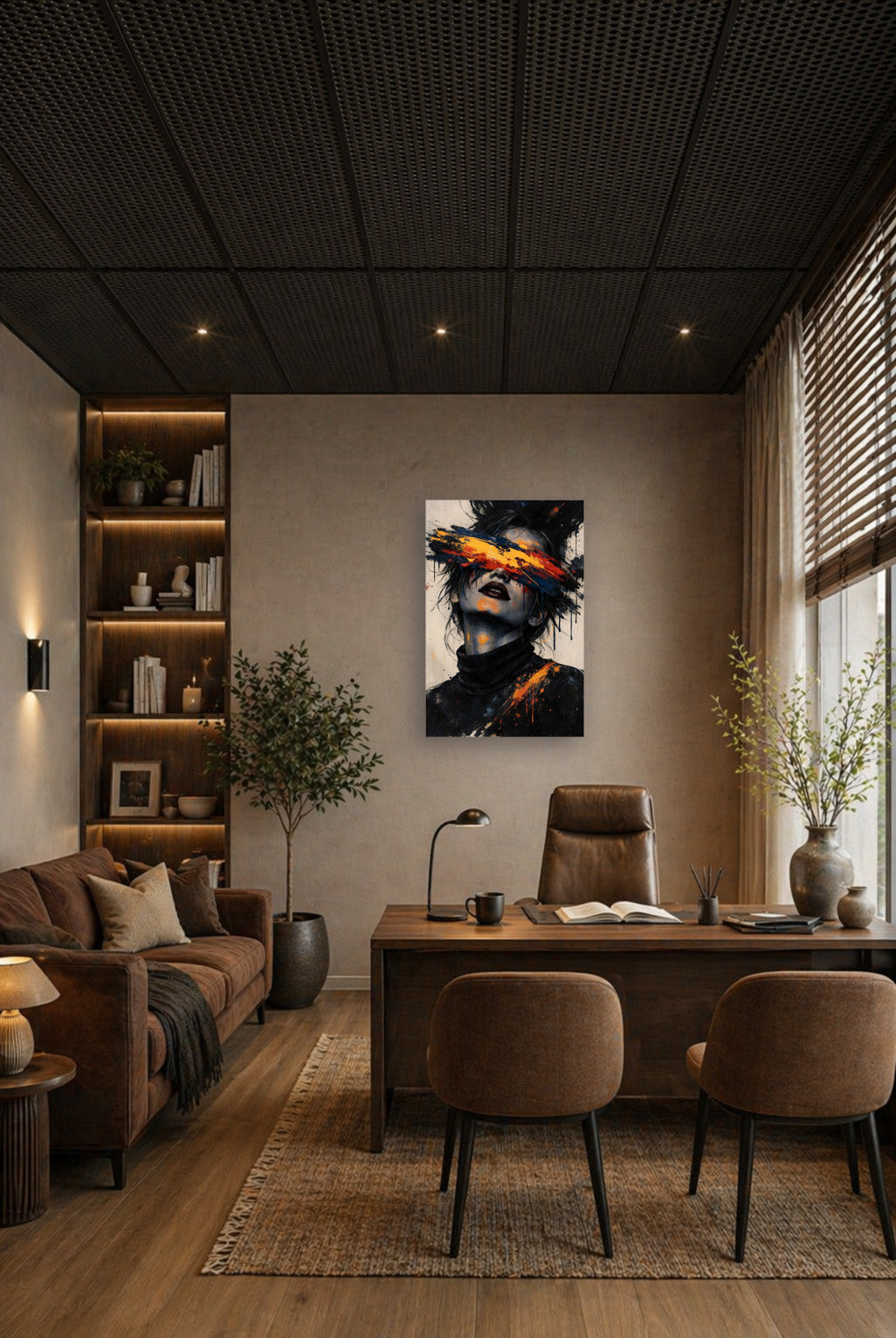 Contemporary office lounge with cozy seating and expressive abstract portrait poster displayed on a textured wall.
