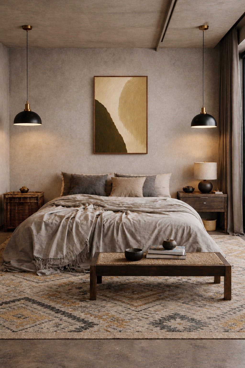 Modern moody bedroom interior featuring warm earth abstract framed poster above the bed.