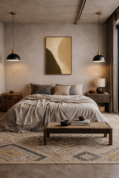 Modern moody bedroom interior featuring warm earth abstract framed poster above the bed.