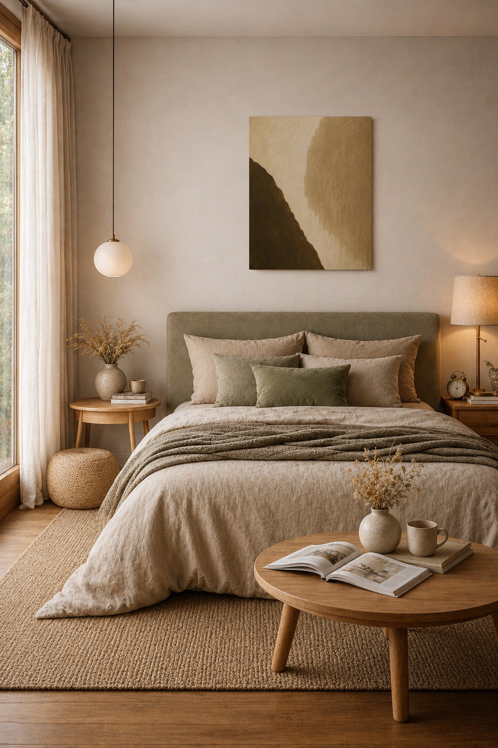 Cozy neutral bedroom interior with warm earth abstract canvas artwork above the bed.