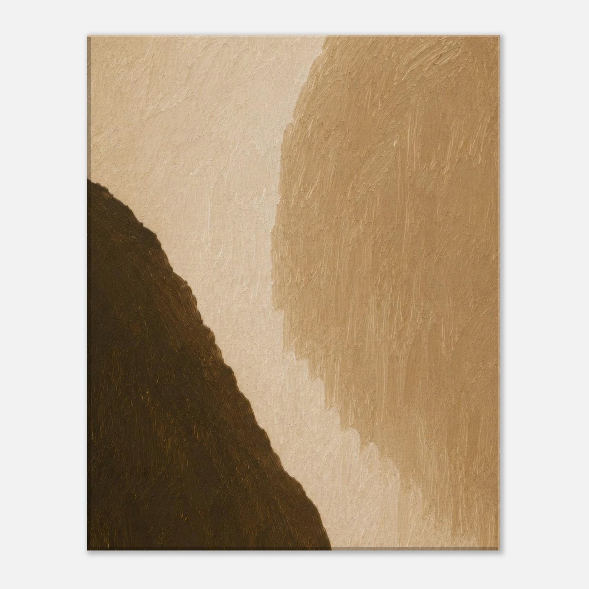 Close-up detail of warm neutral abstract canvas artwork with textured beige and brown organic shapes.
