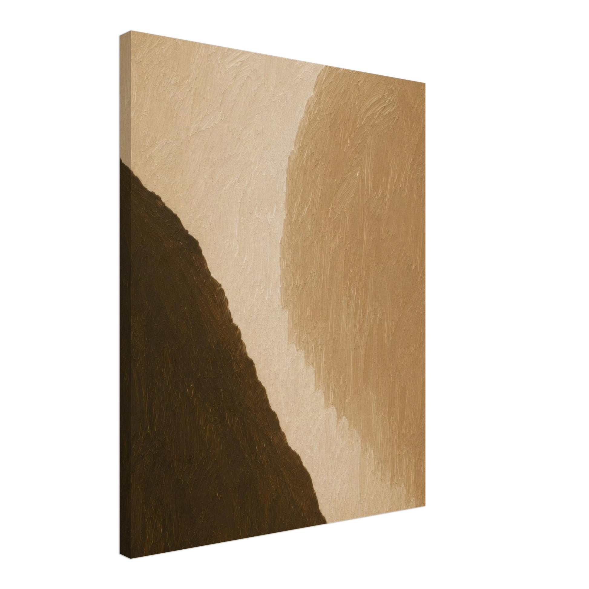 Side angle view of warm neutral abstract canvas wall art with textured gallery-style finish