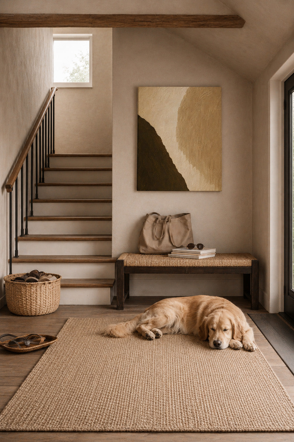 Minimalist entryway interior featuring warm neutral abstract canvas wall art and natural decor.