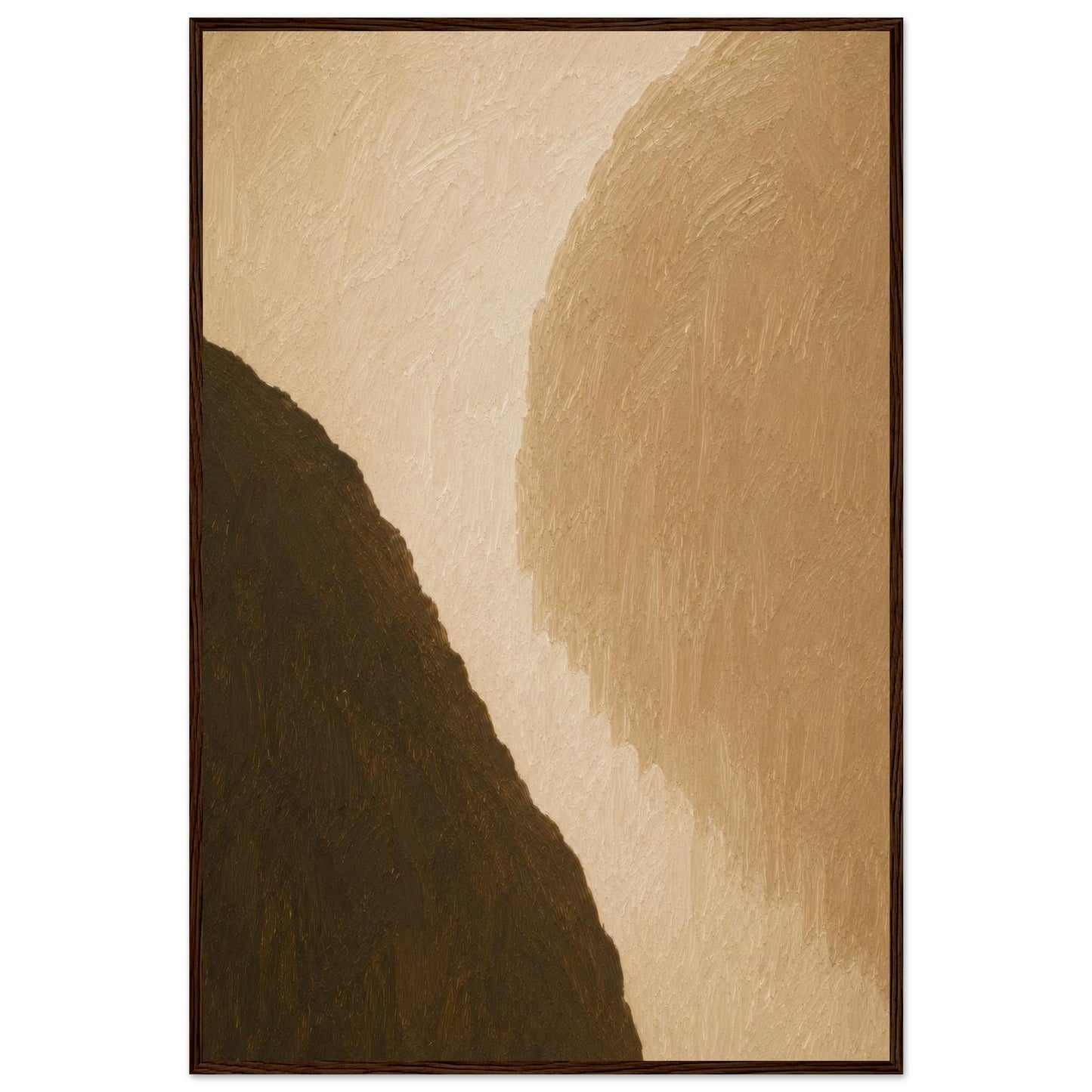 Warm earth abstract framed poster with textured beige and dark brown minimalist artwork in wooden frame.
