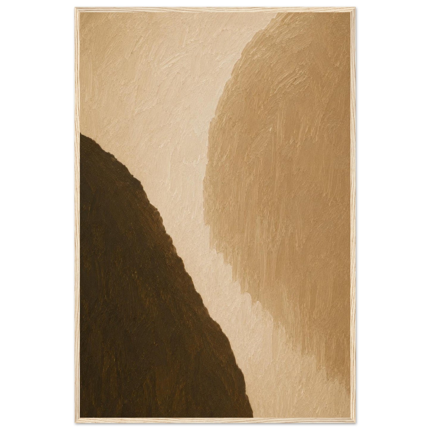 Close-up of textured warm neutral abstract framed poster with earthy beige tones and organic shapes.