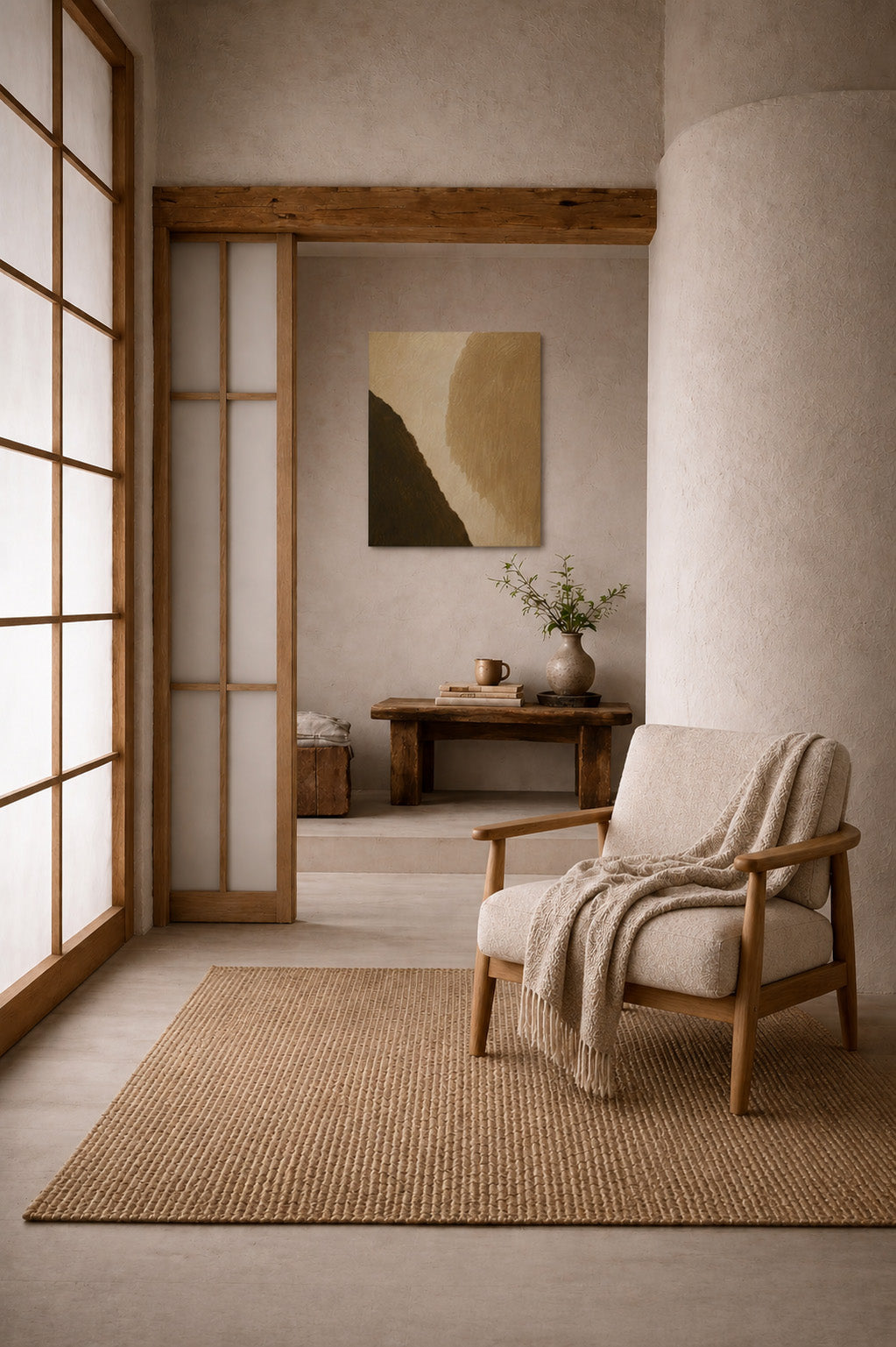 Japandi style interior mockup with textured warm abstract canvas wall art and neutral armchair.