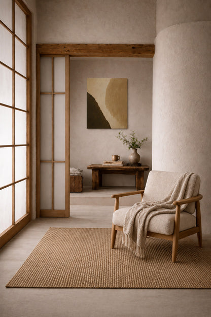 Japandi style interior mockup with textured warm abstract canvas wall art and neutral armchair.