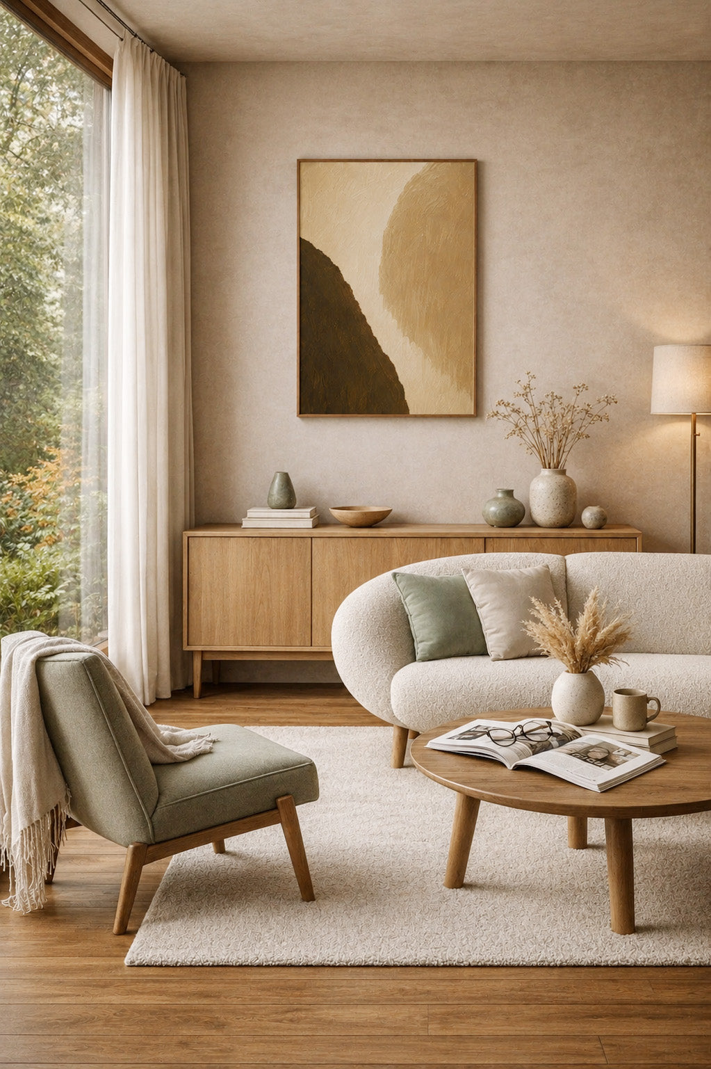 Scandinavian style living room featuring warm earth abstract framed poster wall art.