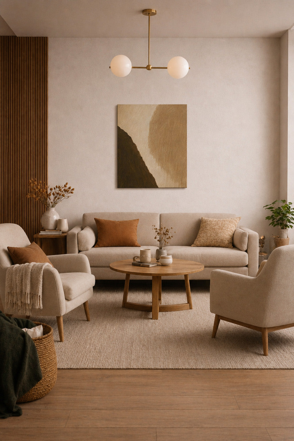 Modern beige living room mockup featuring warm earth abstract canvas wall art above sofa