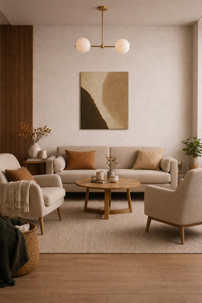 Modern beige living room mockup featuring warm earth abstract canvas wall art above sofa