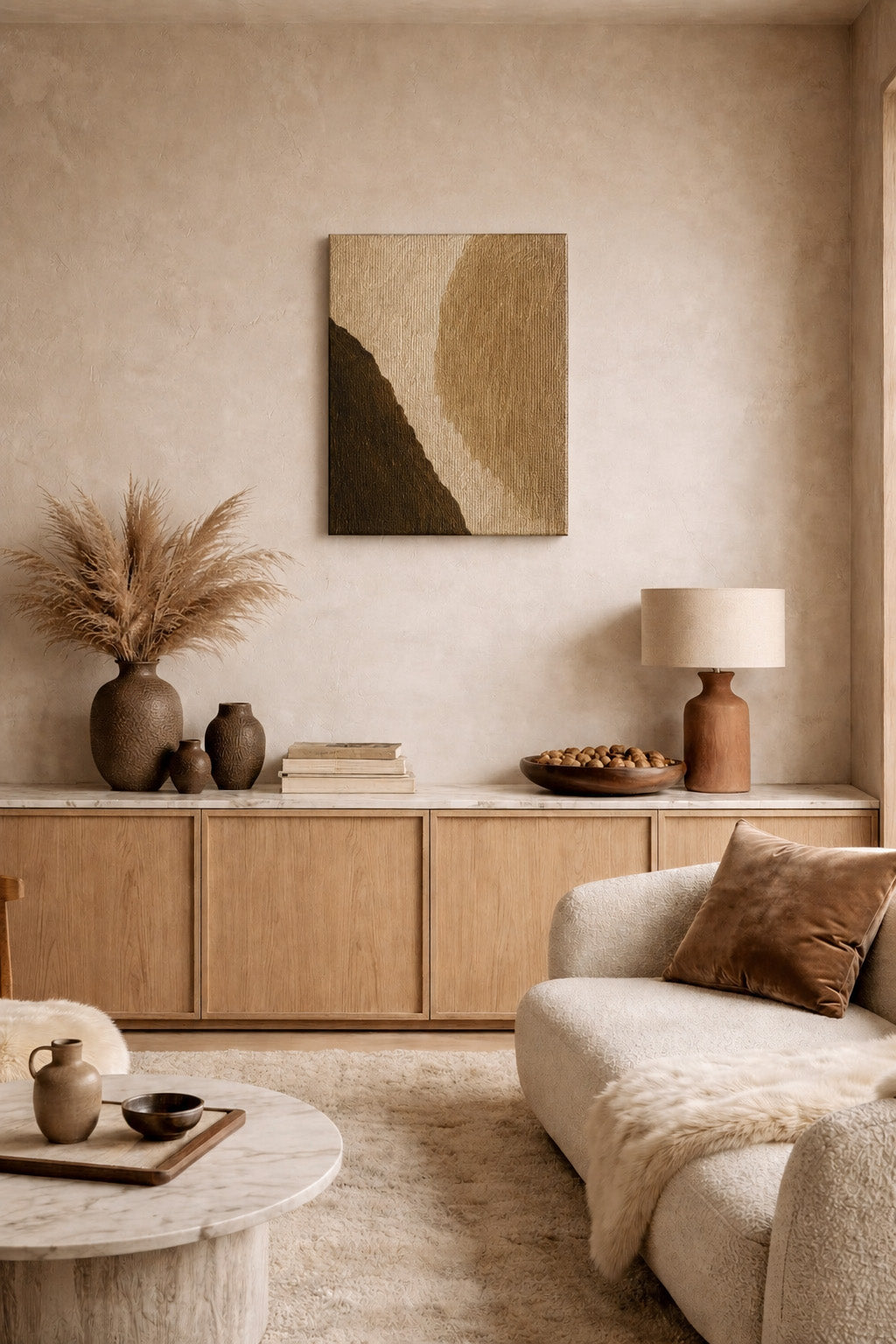 Warm minimalist home interior mockup with beige abstract canvas wall art and earthy decor styling.