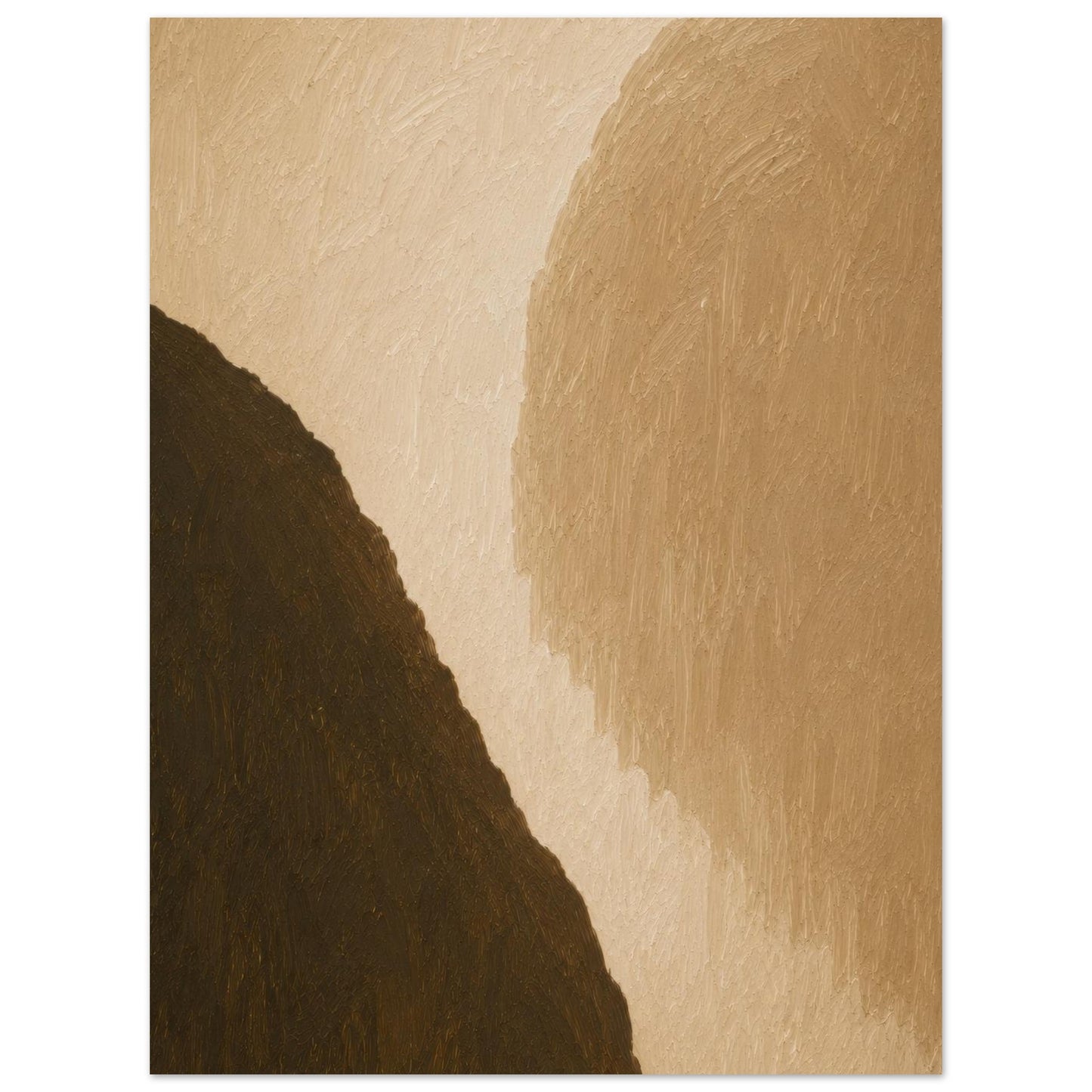 Close-up detail of warm neutral abstract poster featuring textured organic shapes in beige tones.