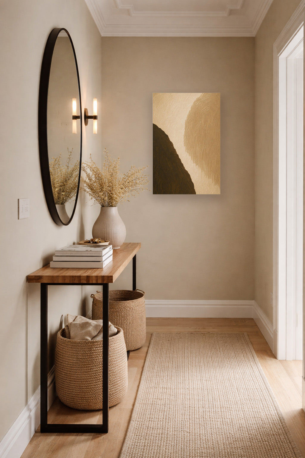 Minimalist hallway interior with warm neutral abstract poster artwork and modern decor styling.