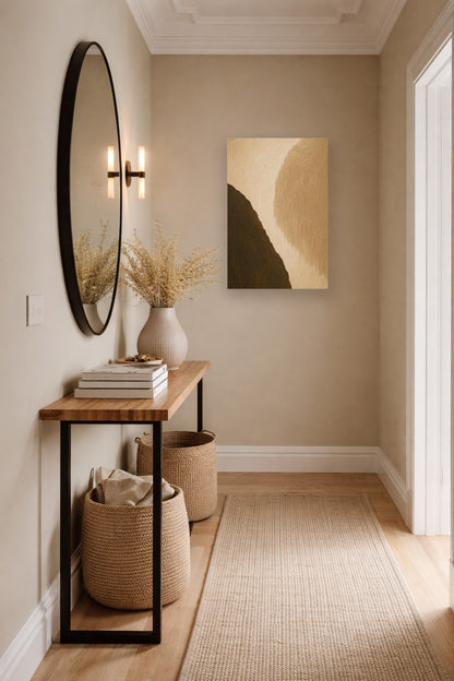 Minimalist hallway interior with warm neutral abstract poster artwork and modern decor styling.
