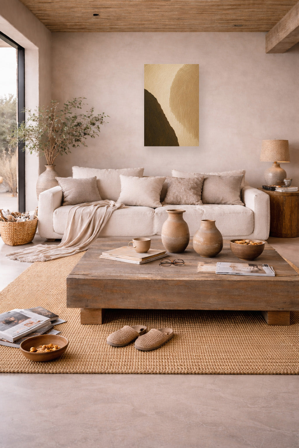 Cozy neutral living room interior featuring warm earth abstract poster wall art above sofa.