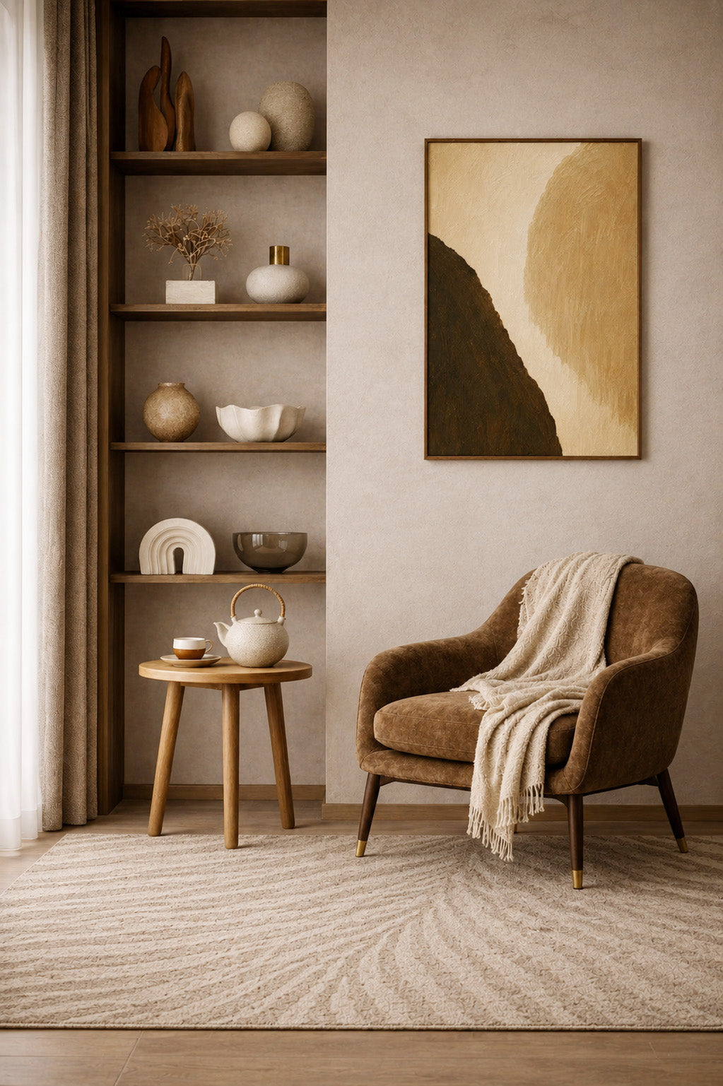 Cozy neutral reading corner with warm abstract framed poster and brown accent chair.