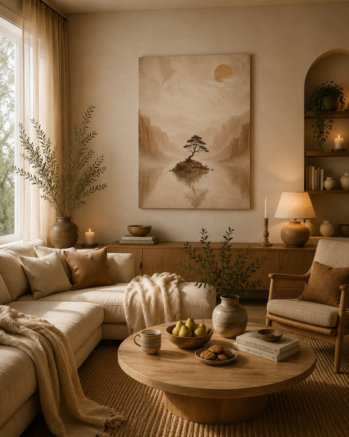 Landscape canvas displayed above a wooden sideboard in a bright and cozy modern living room.