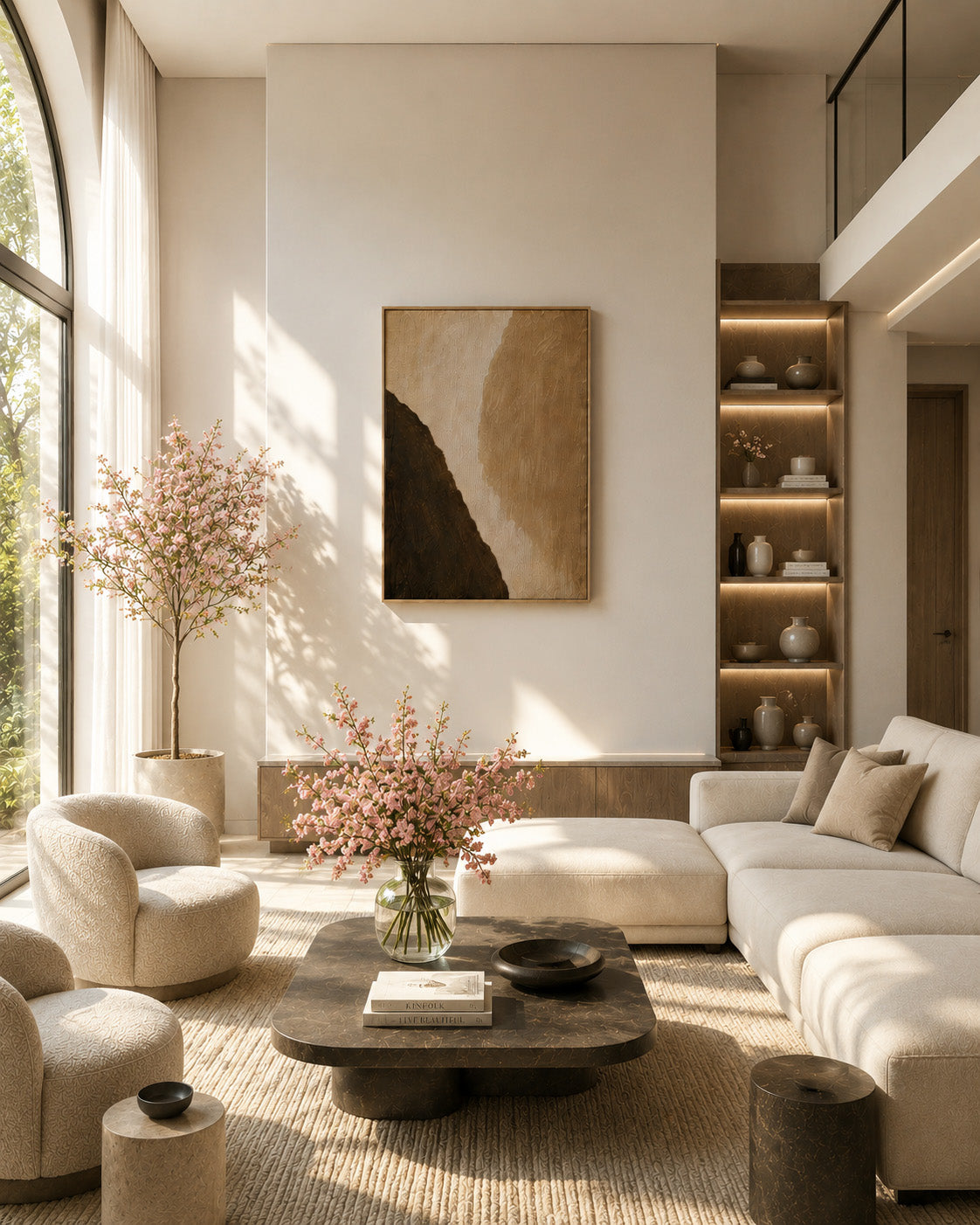 Warm minimalist wall art displayed above a sofa in a neutral living room
