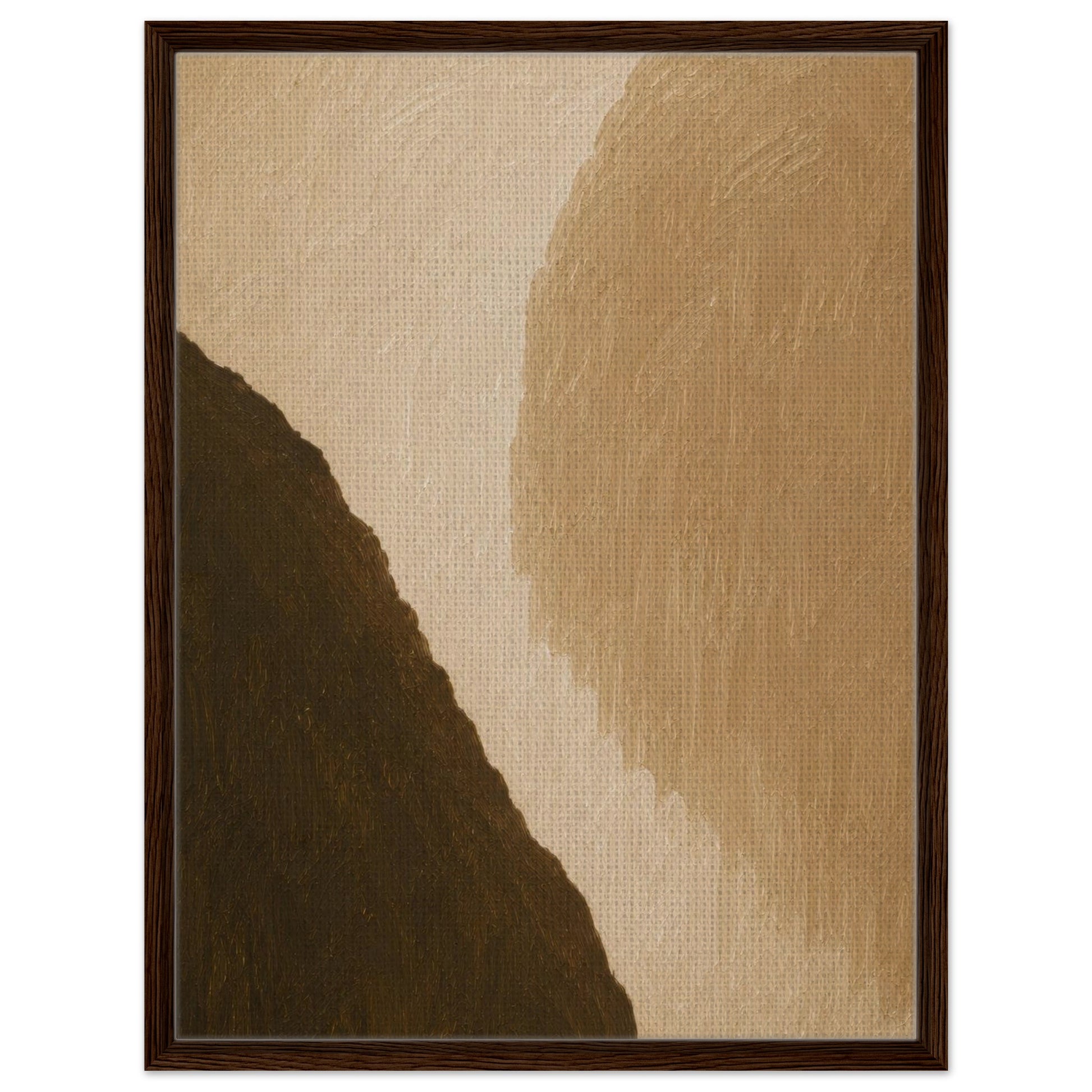Warm modern abstract artwork with sweeping brown and tan forms in dark wood frame